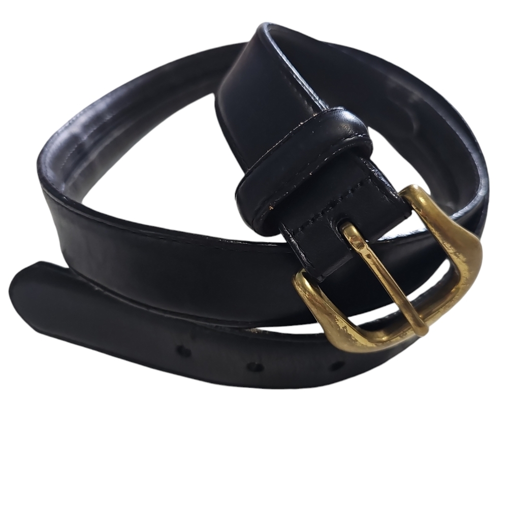 Black leather belt with brass buckle